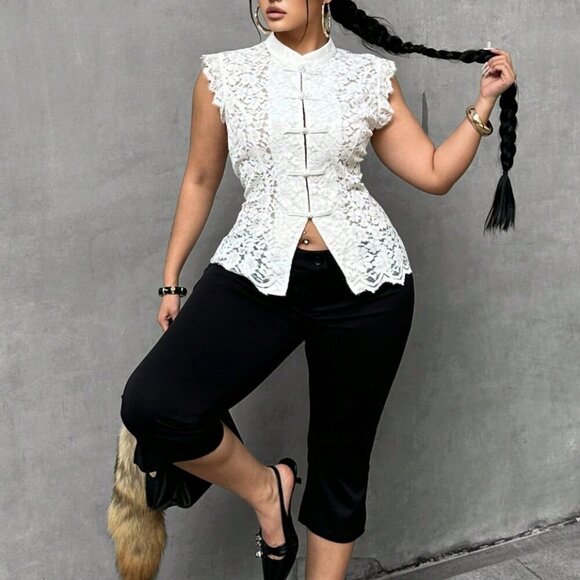 MODA ME COUTURE Tops - White Elegant Women's Plus Size Lace Button Collar Fitted Blouse